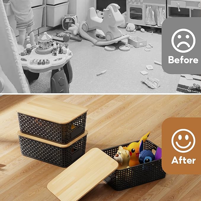 8 PCS Plastic Storage Bins with Bamboo Lid, Stackable Storage Baskets with Lids & Labels for Organizing, Storage Bins for shelves, Office, Drawer, Cabinet & Pantry,Nursery Organization,10.2*7.2*4.1In