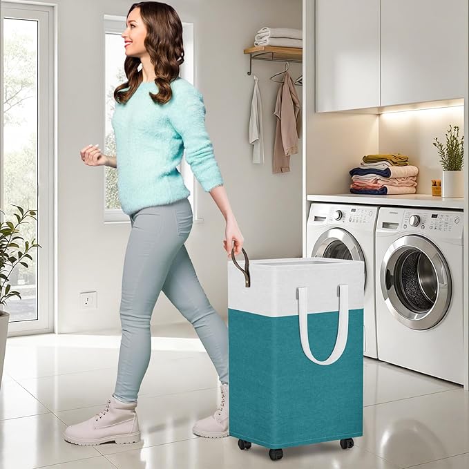 HomeHacks 90L Large Rolling Laundry Basket, Laundry Hamper with 4 Smooth Wheels, Collapsible Waterproof Clothes Basket, Freestanding Hamper with Handles for Bedroom/Dorm/Laundry Room (Green)