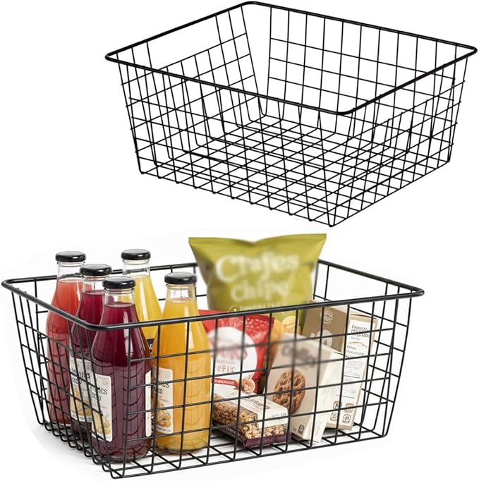 Kitchen Wire Baskets Farmhouse Decor Metal Food Storage Organizer,Household Refrigerator Bin with Built-in Handles for Cabinets,Pantry,Bathroom,Black