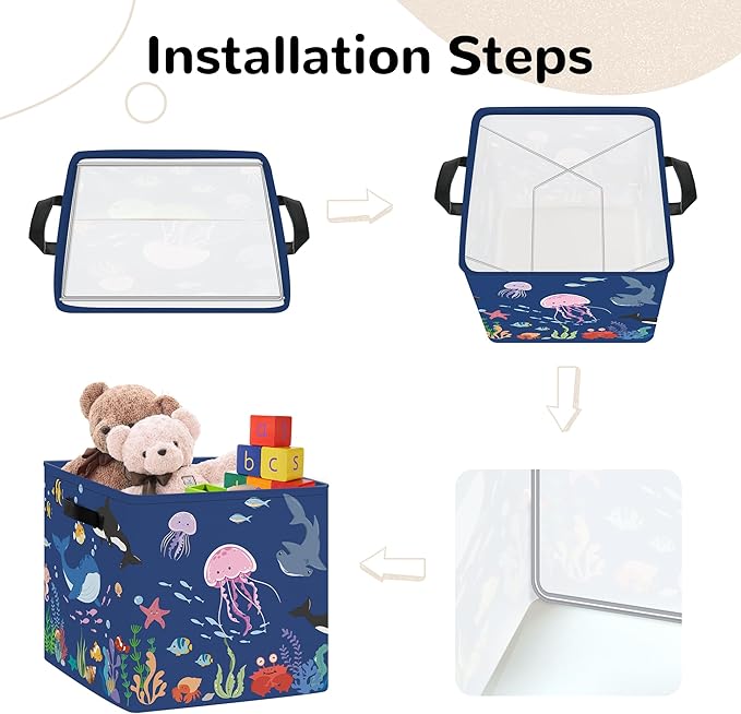 Clastyle 3 pcs Ocean Animals Cube Storage Unit Bin with Metal Frame Foldable Kallax Box for Shelves Parents Closet Organizer Basket for Book Clothes Toy Organizer, Blue, 11.8x11.8x11.8 in