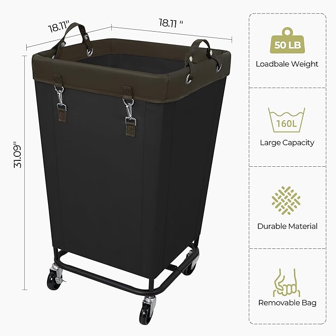 160L Laundry Hamper Sorter Extra Large, Heavy-Duty Laundry Basket with Wheels, Rolling Cart with Removable Bags, Laundry Cart for Hotel and Home, Black, 1-Section