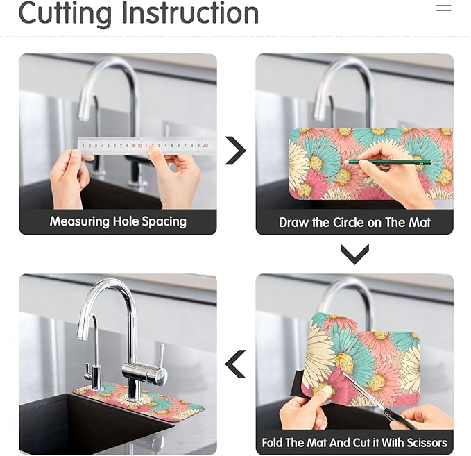 Kitchen Sink Splash Guard 1 PC 14.7 Inch Sink Faucet Mat Splash Guard for Bathroom Countertop Water Absorbent Foldable Cuttable Soft Washable Colorful Flowers
