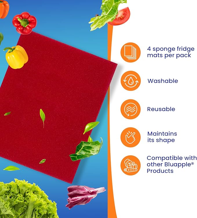 Bluapple FreshMats, Refrigerator Bin Liner, Fridge Drawer Mats, Crisper Life Extender Liner Keeps Produce Fresh Longer, Anti-Bruising, Helps Air Circulation, Washable & Reusable (4-Mats, 12x15, Red)