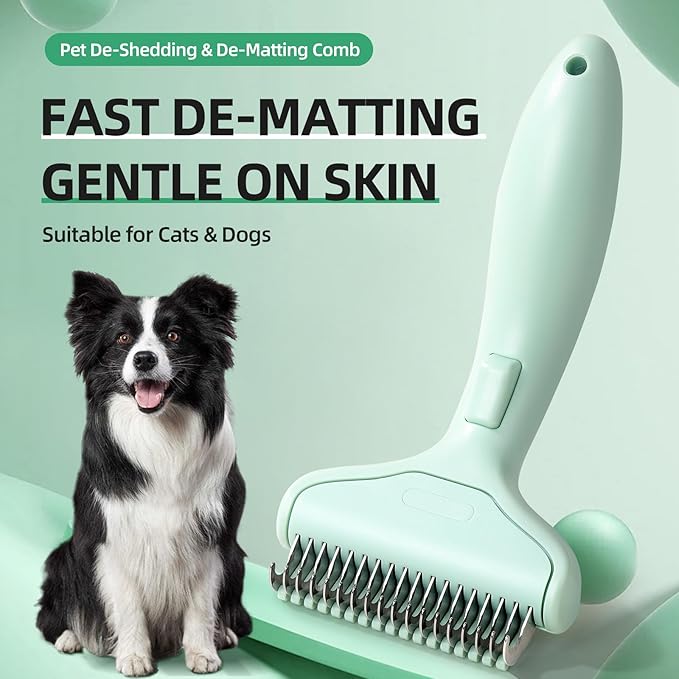 Pet Grooming Combo Tool for Cats and Dogs, Deshedding and Dematting Rake with Metal Comb forDetangling Long, Matted Fur (Green)