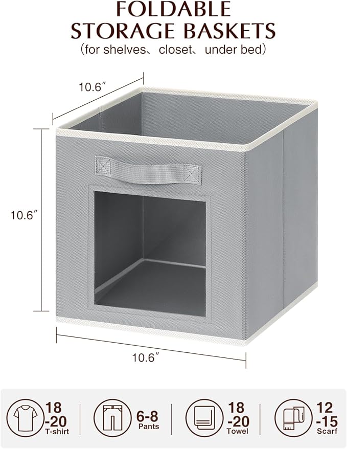 Storage Cube 11 Inch - Cube Storage Bins with Window, Closet Storage Baskets with Handle, Fabric Bins for Closet, Shelves, Toys, Clothes, Set of 14, Grey