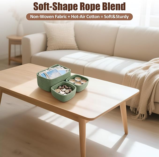 5-Pack Small Woven Rope Storage Baskets – 2 Sizes Organizer Bins for Closet, Shelf, Bookshelf, Nursery, Changing Table, Fabric Cube Boxes, Rectangular Shallow Bins for Bathroom, Toy & Home