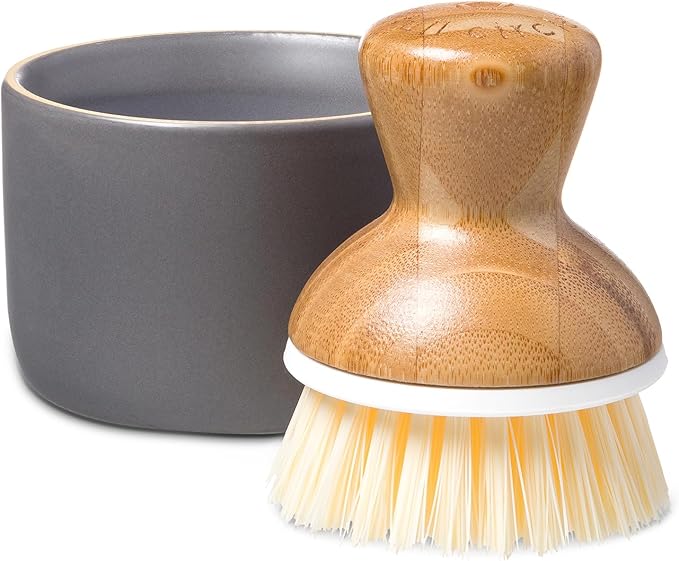 Full Circle Bubble Up Bamboo Dish Brush & Ceramic Soap Dispenser – Family Safe, Formaldehyde-Free – Kitchen Scrub Brush for Dishes, Nonstick & Cast Iron, Gray