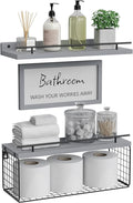 WOPITUES Floating Shelves for Wall Decor Sign, Bathroom Organizers and Storage, Bathroom Shelves Over Toilet with Metal Guardrail-Modern Grey