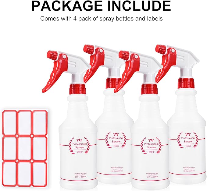 Plastic Spray Bottle (4 Pack, 16 Oz, All-Purpose) Heavy Duty Spraying Bottles Leak Proof Mist Empty Water Bottle for Cleaning Solution Planting Pet with Adjustable Nozzle and Measurements