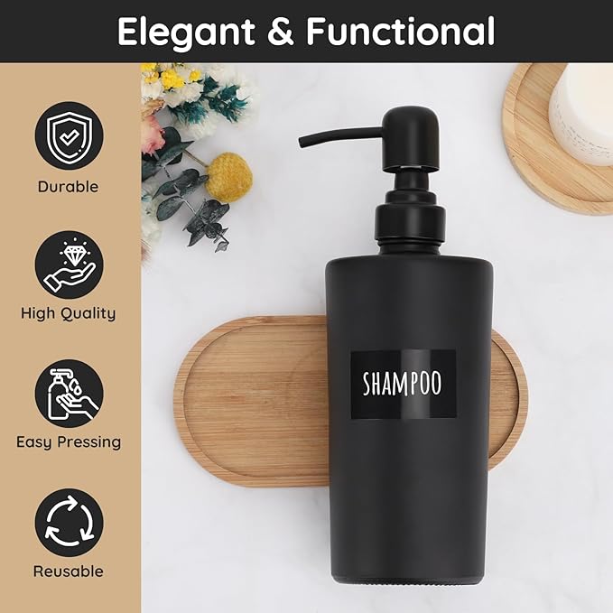 Segbeauty Glass Soap Dispenser Set, 2pcs 15.2oz Refillable Bathroom & Kitchen Dispensers, 450ml Black with Pump & Labels