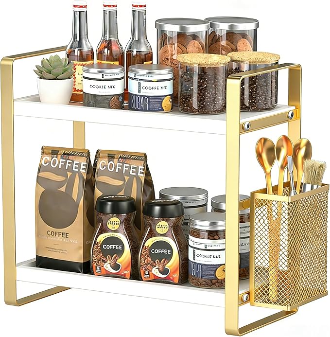 2-Tier Kitchen Storage and Organisation Rack with Side Baskets, Multifunctional Spice Rack Coffee Station Organizer for Kitchen, Coffee Bar, Bathroom, Office