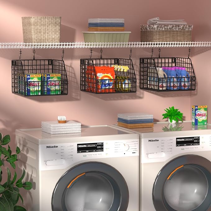 Larger & Deeper Hanging Storage Basket, Closet Organizers and Storage, Hanging Shelves Wire Baskets for Clothing Sweaters Purse Handbags Shoes Black 3 Tier