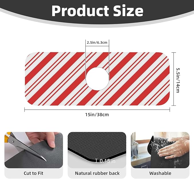 Christmas Red And White Candy Cane Swirl Stripe Striped Stripes Candycane Kitchen Sink Splash Guard Faucet Mat Super Absorbent Fast Drying Mat Sink Sink Mat For Kitchen Bathroom (15" X 5.5" )
