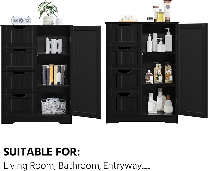 Yaheetech Wooden Storage Cabinet, Bathroom Storage Organizer with 4 Drawers & 1 Cupboard, Freestanding Cabinet Table for Bathroom, Entrance Area, Kitchen, Black