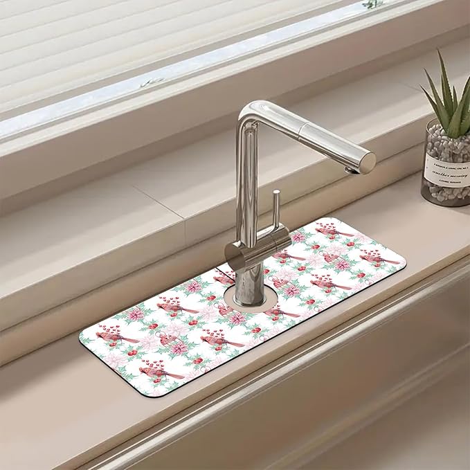 Chrismas Sink Splash Guard Faucet Mat Cute Christmas Absorbent Fast Drying Mat Sink Gadgets Splash Guard Behind Faucet Drip Catcher for Kitchen Bathroom 15.5"X5.5"