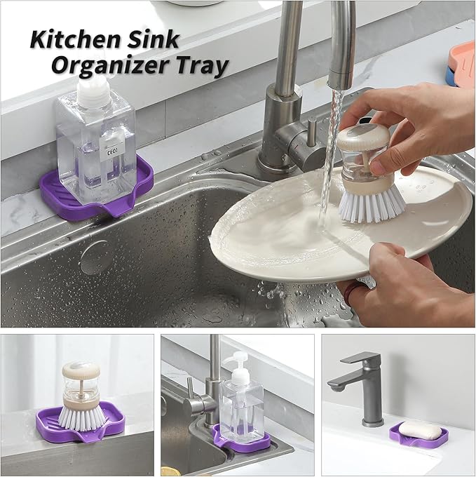 MicoYang Silicone Bathroom Soap Dishes with Drain Spout-Bathroom and Kitchen Sink Organizer,Sponge Holder,Dish Soap Tray,Perfect for Dispenser,Scrubber,Bottle,Cup on Sink or Counter-Purple 4.9"×3.2"