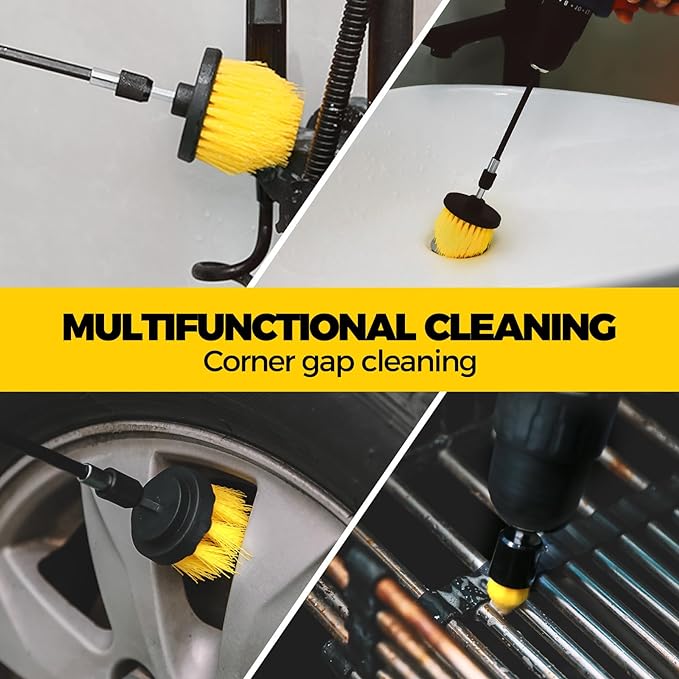 Holikme 5Pack Drill Brush Attachment Set，Power Scrubber Brush Extended Long Attachment for Bathroom Surfaces, Grout, Floors, bathtubs, Showers, Tiles, Kitchens and Cars，Yellow