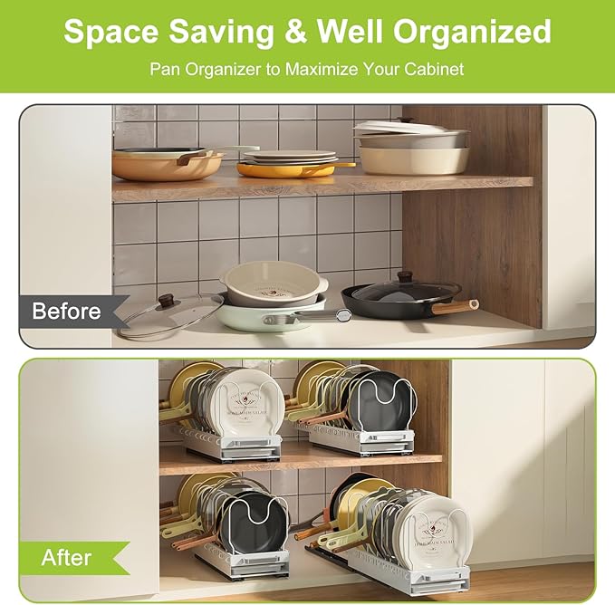 Pots and Pans Organizer Under Cabinet with Drain Board, Pull-out Expandable Pot Lid Organizer inside Cabinet Holder with 10 Adjustable Compartment, Rack for Cutting Board, White (Pack of 2)