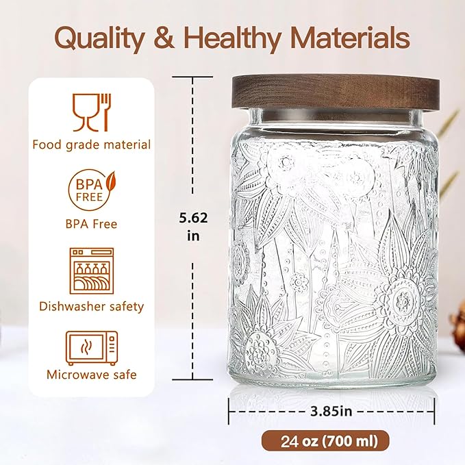 24 OZ Airtight Glass Storage Jar with Bamboo Lid - Vintage Glass Jar Vintage Food Containers Canisters Set for Kitchen Counter & Pantry - Ideal for Sugar, Flour, Coffee, Tea, Candy, Oats, Cereal