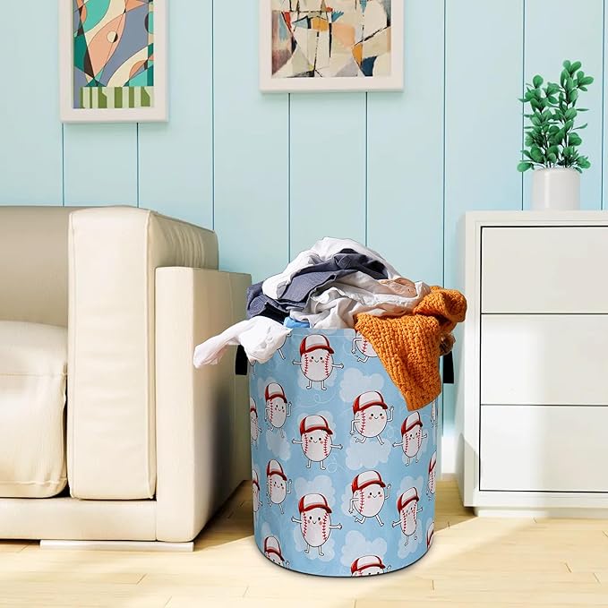 Cute Baseball Laundry Basket Oxford Cloth Funny Ball Cartoon Laundry Hamper With Handle Foldable Portable Clothes Storage Basket 18.9 X 16.5 In Storage Bag For Laundry Room/Bathroom/Bedroom
