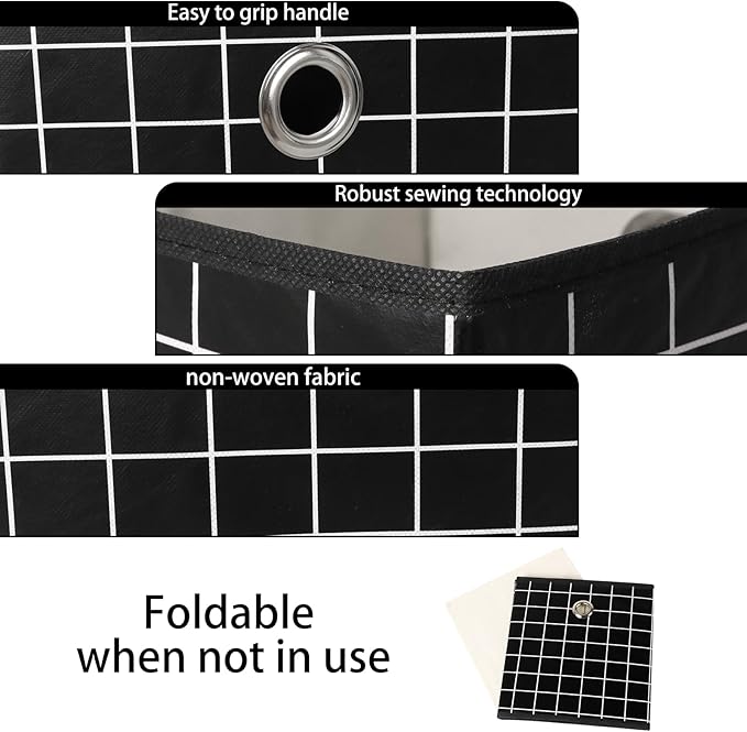 Foldable Storage Cubes Bins,11 Inch Cloth Storage Cube Fabric Storage Box Cubes Organizer Baskets with Dual Handles for Home Organizer Set of 3 (Black grid)