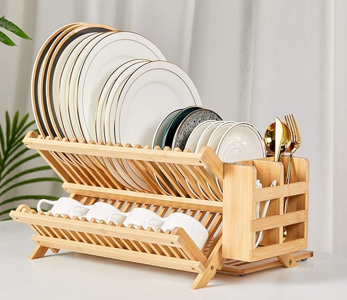 Bamboo Dish Drying Rack with Utensil Holder, Collapsible Wooden Dish Drainer Rack, 3-Tier Large Folding Drying Holder for Kitchen Counter 51 pcs Grid