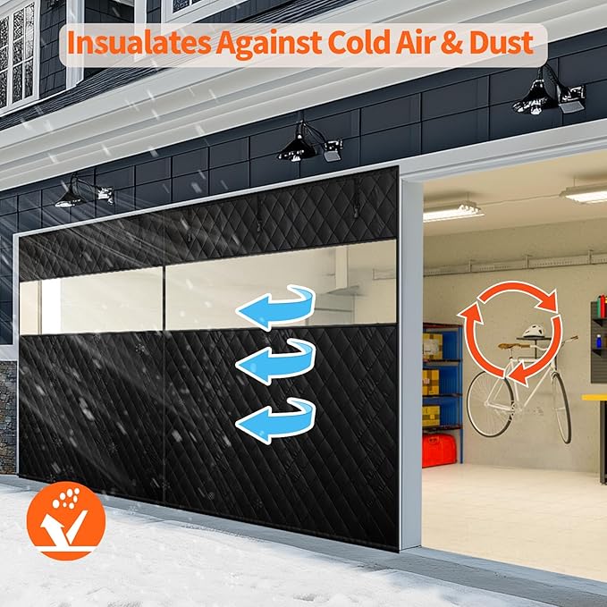 Thermal Insulated Garage Door Curtain with Clear Window, 16ft x 7ft Winter Door Cover for 2 Car Garage Heat Insulation with Thicken Polyester Fiberfill & Durable Oxford Fabric, Waterproof