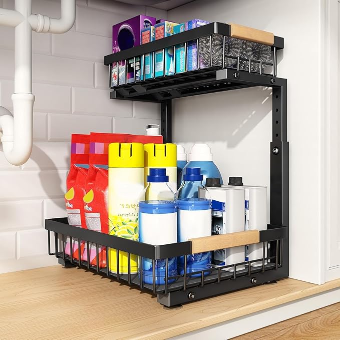 PXRACK 1 Pack Under Sink Organizer,Adjustable Height,2 Tier Pull Out Under Cabinet Organizer,Slide Out Thickened Metal Under Sink Storage for Kitchen Bathroom Laundry Cabinet Pantry,Black
