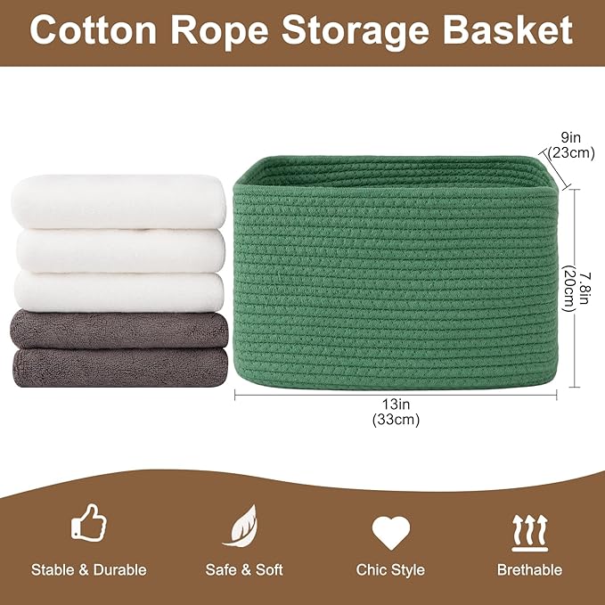 Storage Baskets for Organizing, Woven Decorative Baskets for Shelves - Books, Towels, and Clothes, Cotton Rope Toy Storage Bins, 12.7''Lx9''Wx7.8''H, Pack of 4, Green