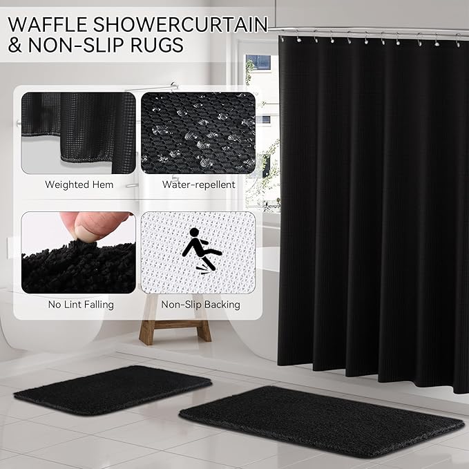 Black Bathroom Set,Black Bathroom Accessories Set with Shower Curtain and Rugs, Bath Towel Set, Natural Loofah Sponge, Soap Dispenser, Toothbrush Holder, Bathroom Tumbler and Tray for Bathroom
