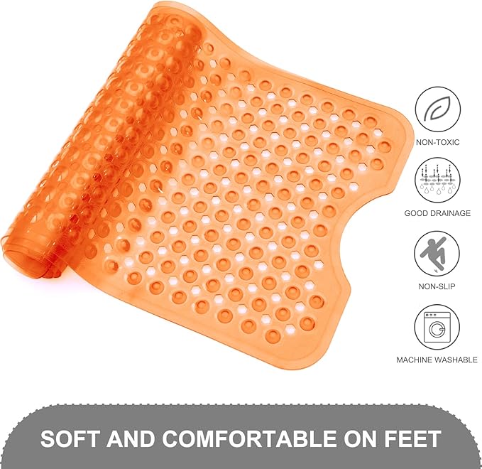 Bath Tub Shower Mat, Non Slip Bathtub Floor Liner Mats with Suction Cups and Drain Holes, Machine Washable Bathmat for Bathroom Floor Safety, 40 x 16 Inch, Clear Orange