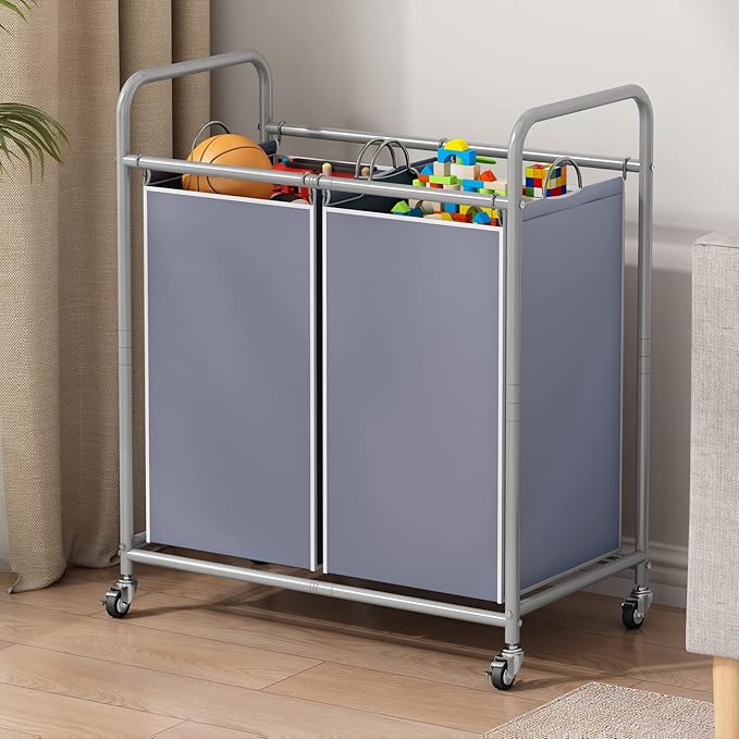 SUOERNUO Laundry Sorter Basket 2 Bag Laundry Hamper Cart with Rolling Lockable Wheels and Removable Bags Laundry Organizer Cart for Clothes Storage, Grey