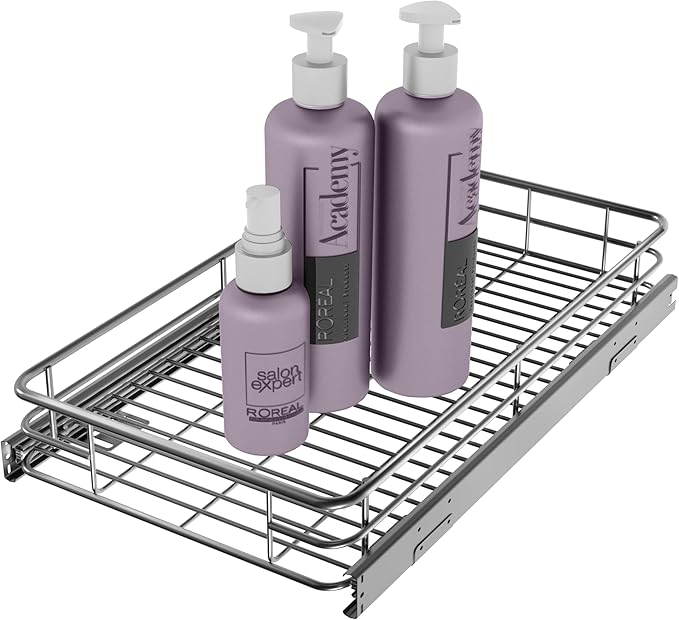 JOWBOOW Sliding Cabinet Organizer Pull Out Shelves (11" W x 21" D), Heavy-Duty Slide Out Shelf, Steel Metal Cabinet Roll Out Shelves for Kitchen Bathroom, Chrome
