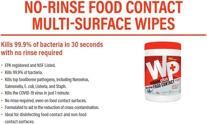 WIPESPLUS No-Rinse Food Contact Wipes Canister Multi-Surface Wipes, Unscented for Home and Business, 600, (6 Packs of 100)