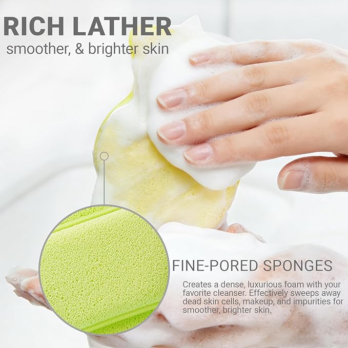 Facial Cleansing Sponge Set 3, Reusable Face Scrubbers for Gentle Cleansing & Dead Skin Removal, Cleaning Puff Wash Pads Mango Shaped for Daily Face Wash(Pink & Green)