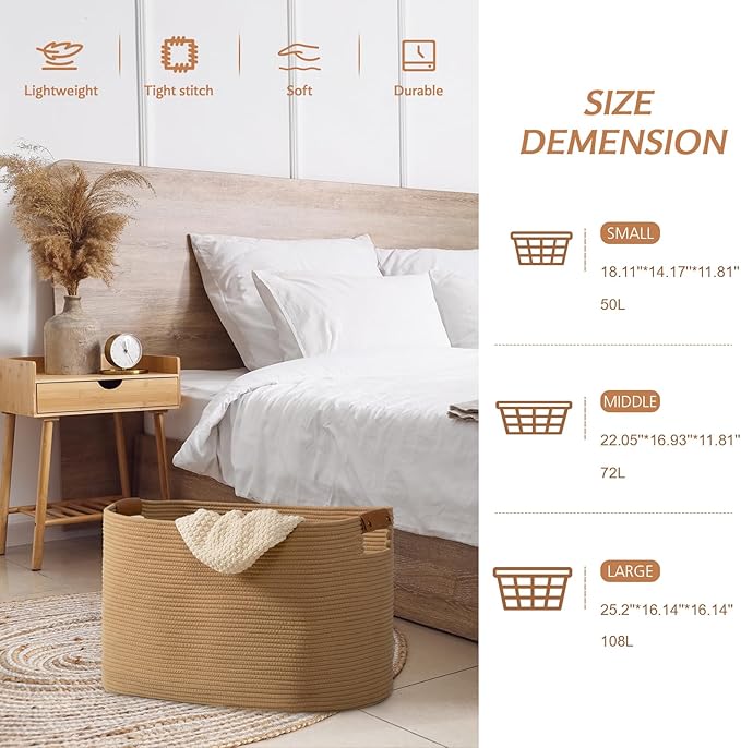 danpinera 108 L Blanket Basket for Living Room, Toy Basket With Leather Handle, Large Storage Bins for Toys, Pillows, Clothes, Rectangle Large Cotton Rope Basket, 25’’*16’’*16’’ Jute