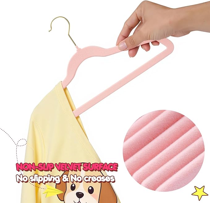 Korpai 50 Pack Kids Velvet Hangers 14 Inch, Non-Slip, Ultra Slim,Space-Saving Kids Hangers with 360° Swivel Hook, 7LBS Capacity, Kids Clothes Hangers Ideal for Childrens' Dresses/Shirts/Coats,Pink