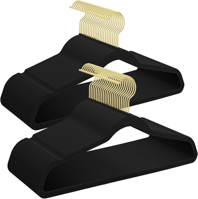 UNEED Black Velvet Hangers with Golden Hooks, 22 Pack - Ultra Thin Space Saving, Non-Slip Clothes Hangers for All Clothing, Dorm & Closet Organization (Heavy Duty, Anti-Scratch,360° Protection)