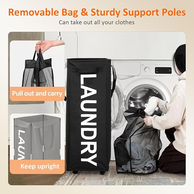 Laundry Basket with Wheels, 90L Rolling Laundry Hamper with Wheels, Large Clothes Hamper on Wheel with Removable Mesh Bag for Bedroom, Dorm Room Essentials, Black