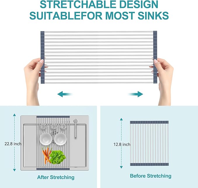 BBXTYLY Extra Large Expandable Roll Up Dish Drying Rack,Over The Sink Drying Rack Sink Cover Kitchen Sink Accessories Kitchen Rolling up Stainless Steel Drainer, Foldable,Rollable（Gray，25.1''-12.4''）