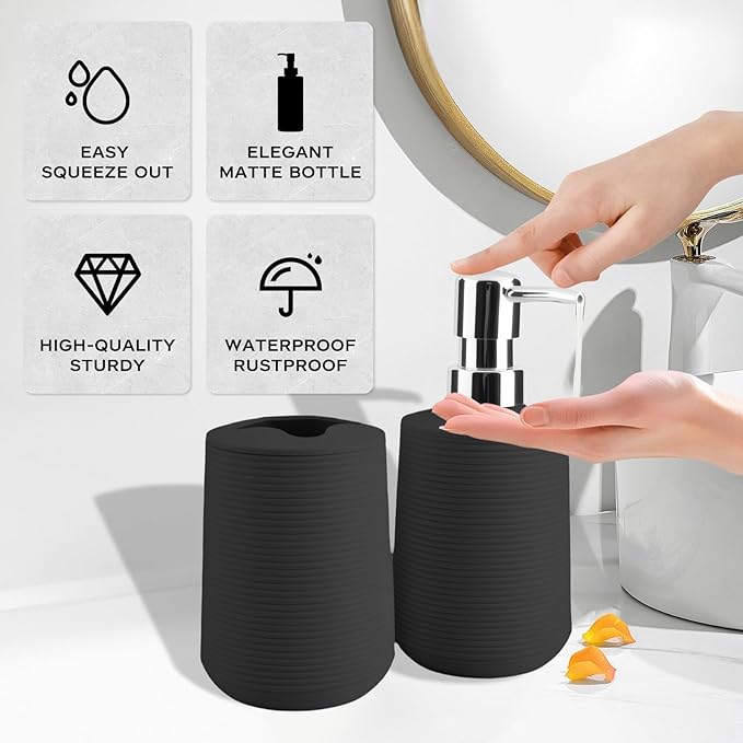 Bathroom Accessories Set 2 Piece, Matte Black Bathroom Accessories with Soap Dispenser and Toothbrush Holder, Striped Pattern Bathroom Set for Modern Bathroom Decor