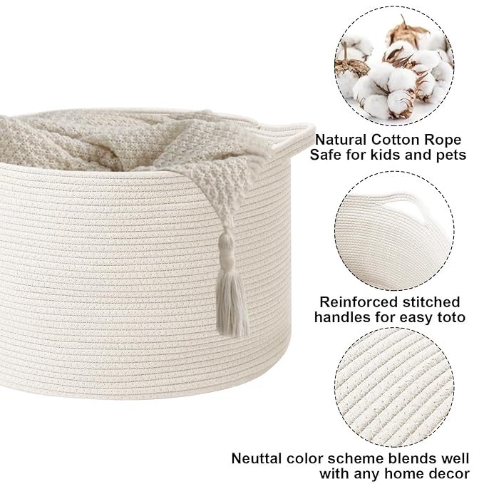 115L Large Blanket Basket,23.6" L x 23.6" W x 15.7" H Rope Woven Baskets with Handles, Toys Storage Bins,Laundry Basket Perfect for Living Room, Nursery,Bedroom,Home Organization,White