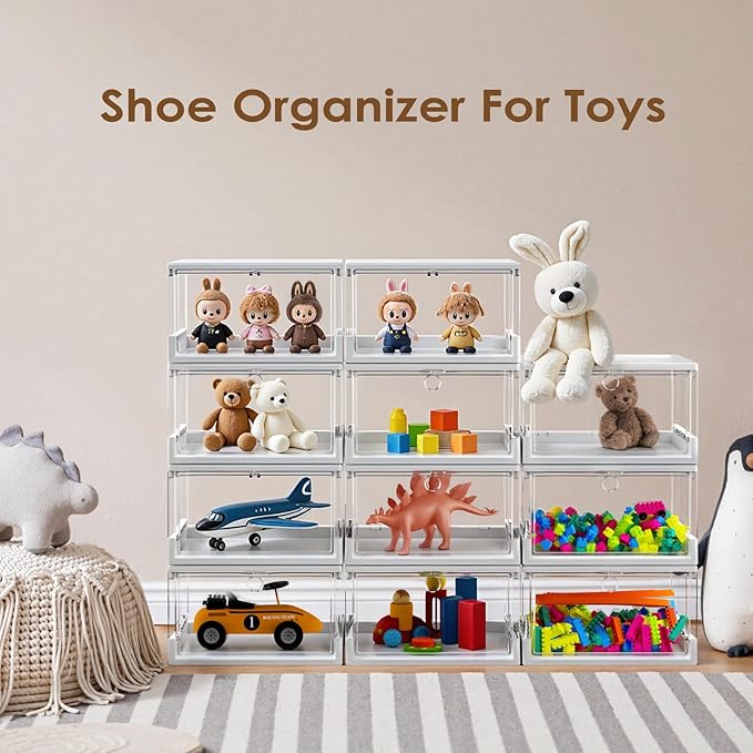 Thicken & Sturdy Clear Shoe Boxes with Magnetic Door, 3 Pack Stackable Multi-functional Shoe Storage, Shoe Organizer for Closet, Space Saving, 360 ° Dustproof & Moisture-proof, Fits Up to US Size 13