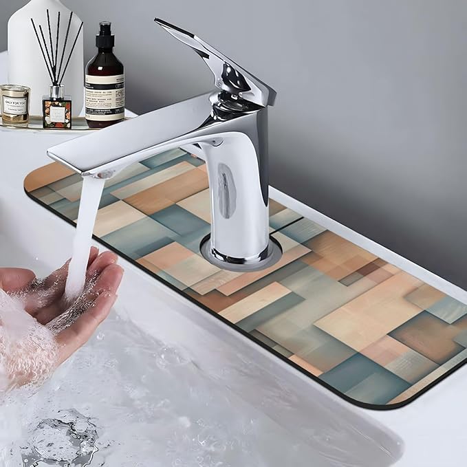 Faucet Draining Mat For Kitchen Sink, Geometric Shapes Brown Beige Diatom Mud Absorbent Drain Pad For Bathroom Kitchen Sink Splash Guard Drying Mat