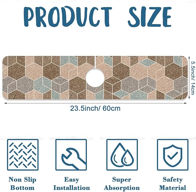 Geometry Blocks Sink Faucet Absorbing Mat Glitter Geometry Super Absorbent Fast Drying Mat Sink Gadgets Behind Faucet Sinkmat for Kitchen Bathroom, 23.5"x5.5"