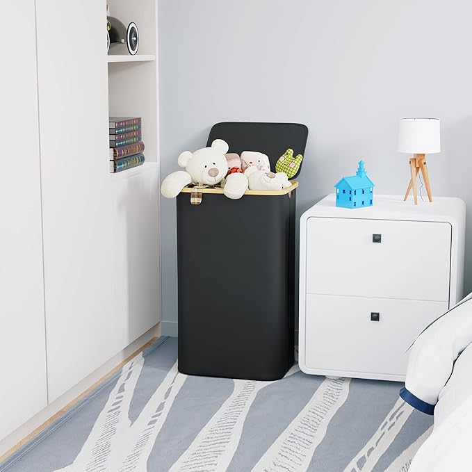 SUOCO Laundry Basket with Lid, 29 Gal (110L) Clothes Hamper with Bamboo Handles, Large Foldable Laundry Hamper for Bedroom, Bathroom, Dorm, Laundry Room - Black