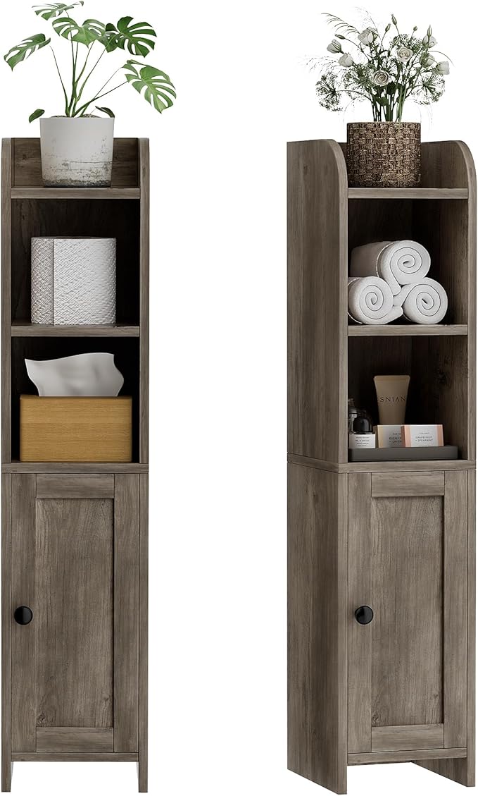 Homhedy Small Bathroom Storage Corner Floor Cabinet with Door and Shelves, Beside The Toilet Paper Stand for Skinny, Narrow Toilet Paper Cabinet, 7.9" D x 7.1" W x 31" H, Greige