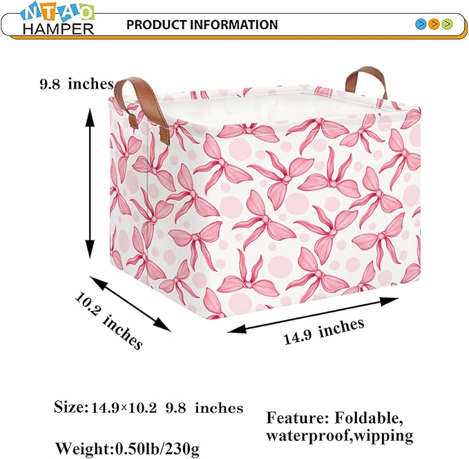 Rectangular Storage Basket Empty,Toys Storage Bin with Handles,Baby Room Decor,Gift Basket,Book Box(Pink Bowknot)