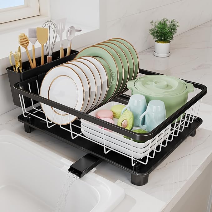 Dish Drying Rack - Space-Saving Dish Rack,Dish Racks for Kitchen Counter with Drainboard, Rustproof Dish Drainer with a Removable 4-Compartment Utensil Holder,Black-White
