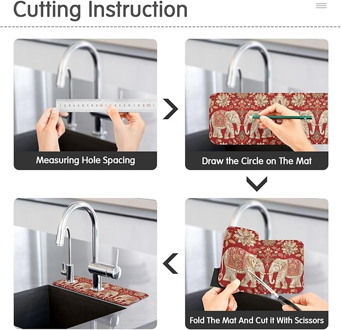 Kitchen Sink Splash Guard 2 PCS 14.7 Inch Sink Faucet Mat Splash Guard for Bathroom Countertop Water Absorbent Foldable Cuttable Soft Washable Red Retro Elephant Flowers